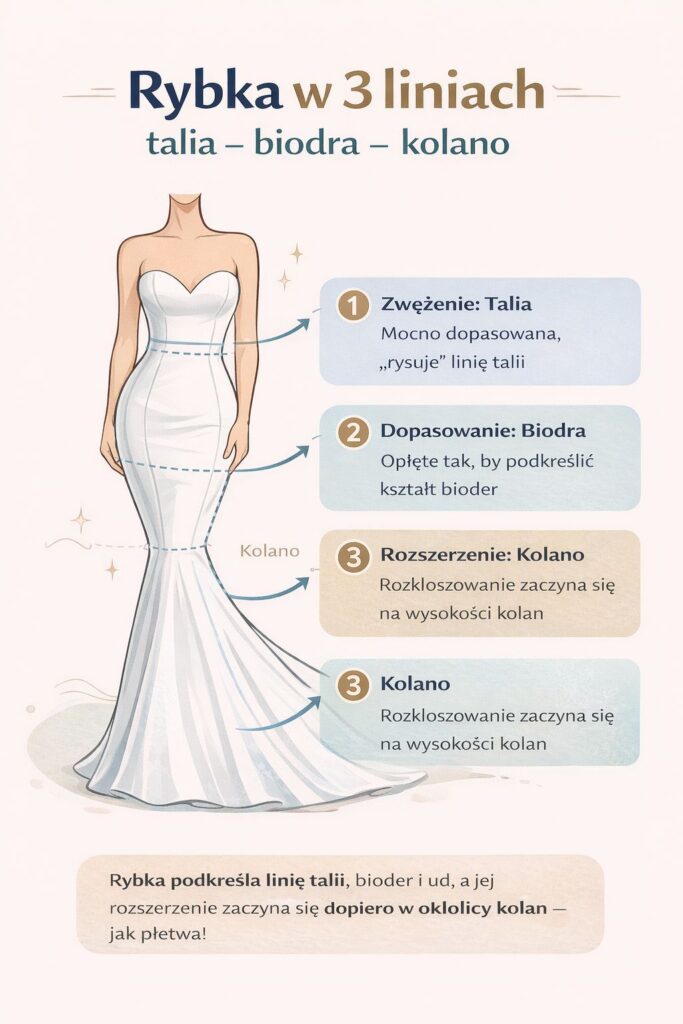 Infografika: suknia ślubna rybka w 3 liniach – zwężenie w talii, dopasowanie w biodrach i rozszerzenie od kolan (fason mermaid).