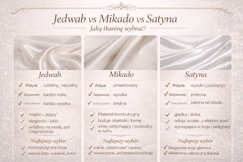 infografika jedwab vs mikado vs satyna