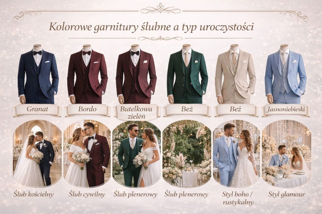 infografika kolorowe garnitury ślubne a typ uroczystości