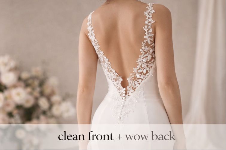 Prosta suknia ślubna minimalistyczna – efektowne plecy open back w stylu clean front