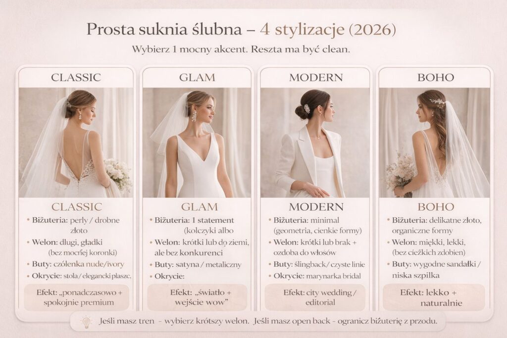 Infografika: prosta suknia ślubna – 4 stylizacje na 2026 (classic, glam, modern, boho) z doborem welonu, biżuterii, butów i okrycia