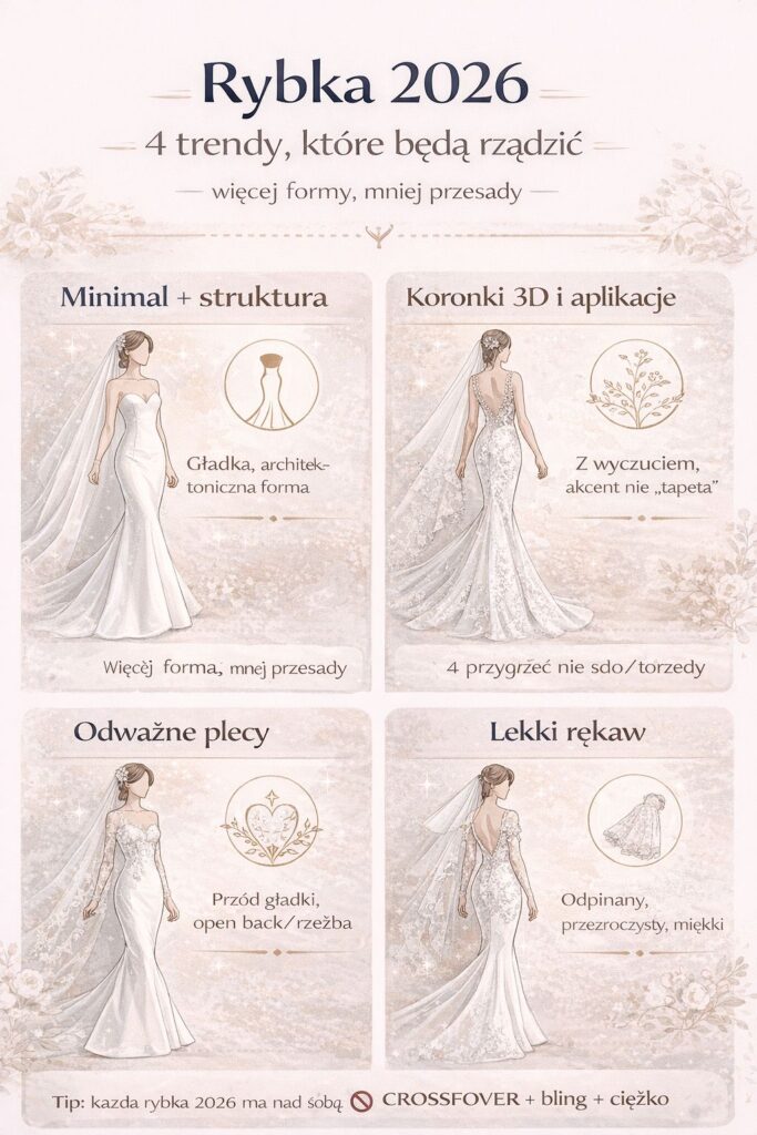 Infografika: Rybka 2026 – 4 trendy sukni ślubnych rybka: minimal + struktura, koronki 3D, odważne plecy, lekki rękaw