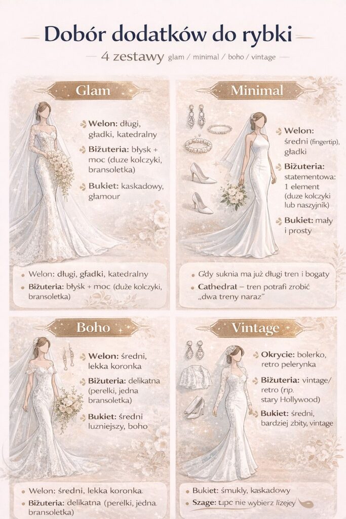 Infografika: dobór dodatków do sukni ślubnej rybki – 4 zestawy glam, minimal, boho i vintage (welon, biżuteria, okrycie, bukiet)