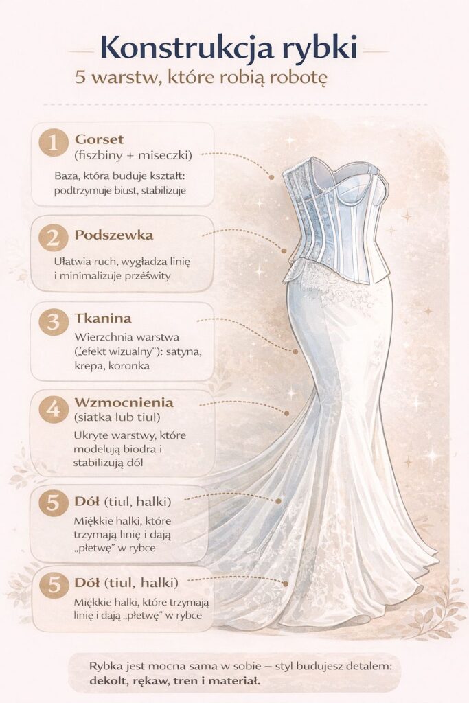 Infografika: konstrukcja sukni ślubnej rybki – 5 warstw, które robią robotę: gorset, podszewka, tkanina, wzmocnienia i dół (halka/tiul).