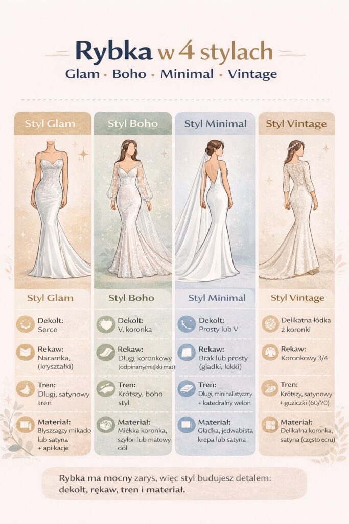 Infografika: suknia ślubna rybka w 4 stylach – glam, boho, minimal i vintage (dekolt, rękaw, tren, materiał).