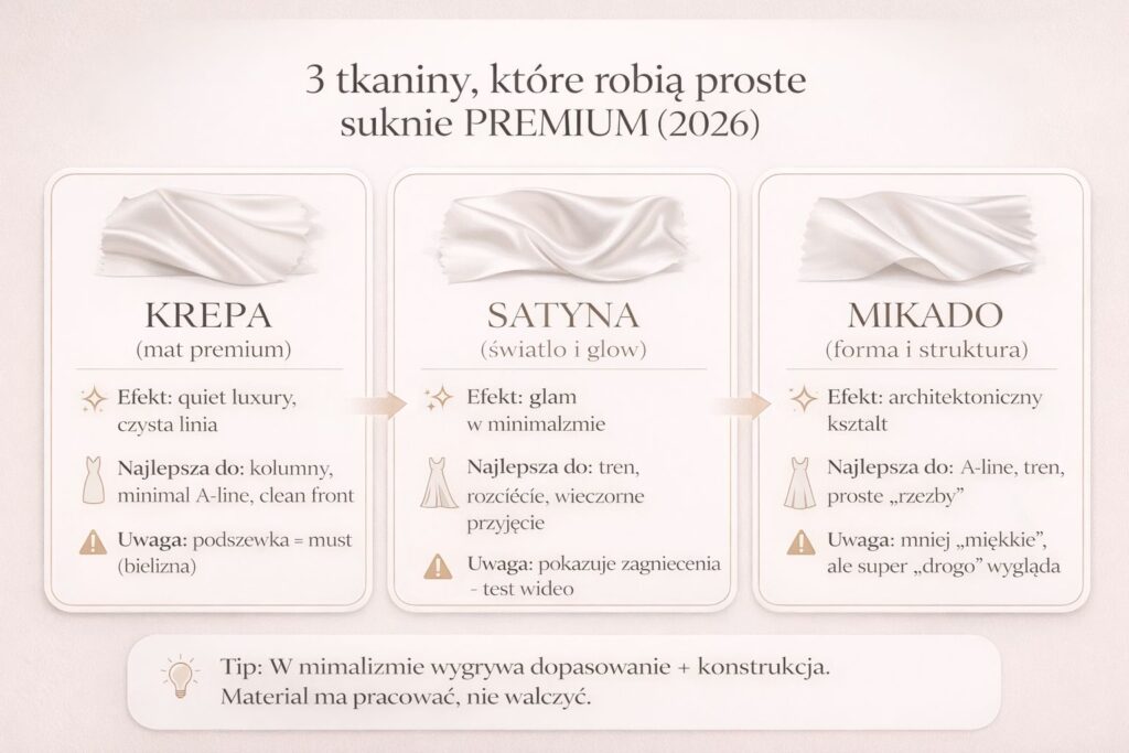 Infografika: 3 tkaniny do prostych sukni ślubnych premium – krepa, satyna i mikado (różnice w efekcie i zastosowaniu)