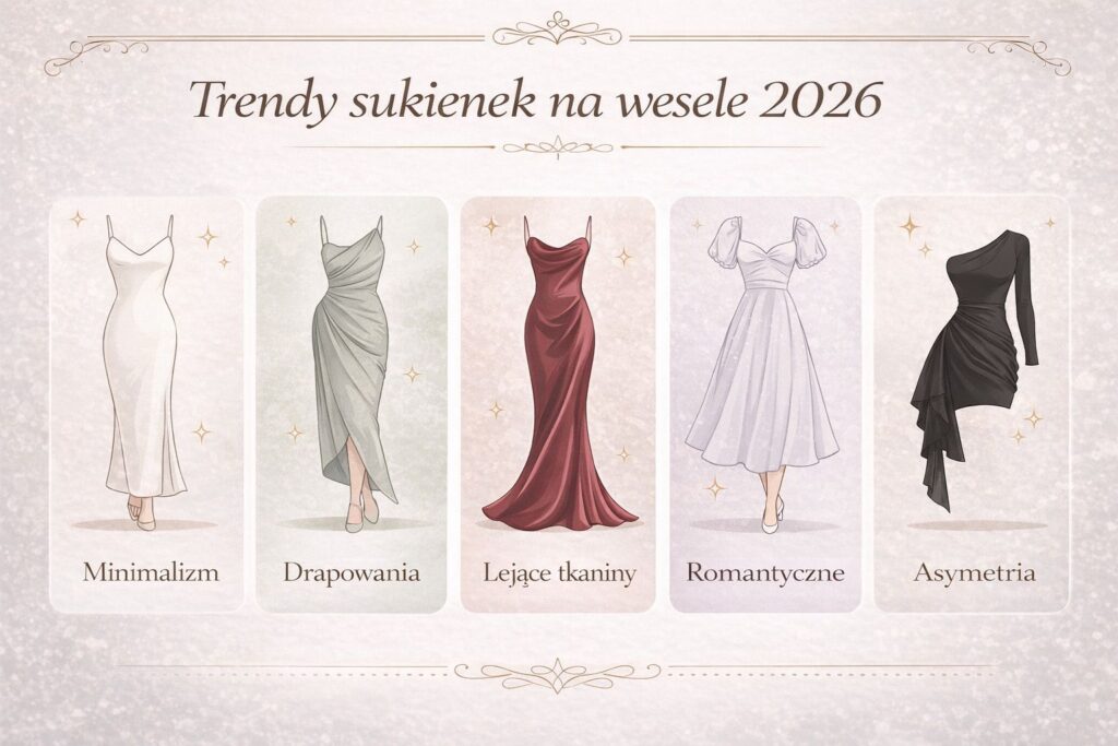 Sukienki na wesele 2026 – modne fasony: minimalizm, drapowania, lejące tkaniny, romantyczne kroje i asymetria