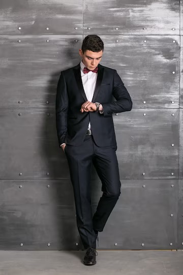 Czarny garnitur męski BESSIE – garnitur dwuczęściowy w jednolitej czerni, stylizacja z bordową muchą – widok sylwetki